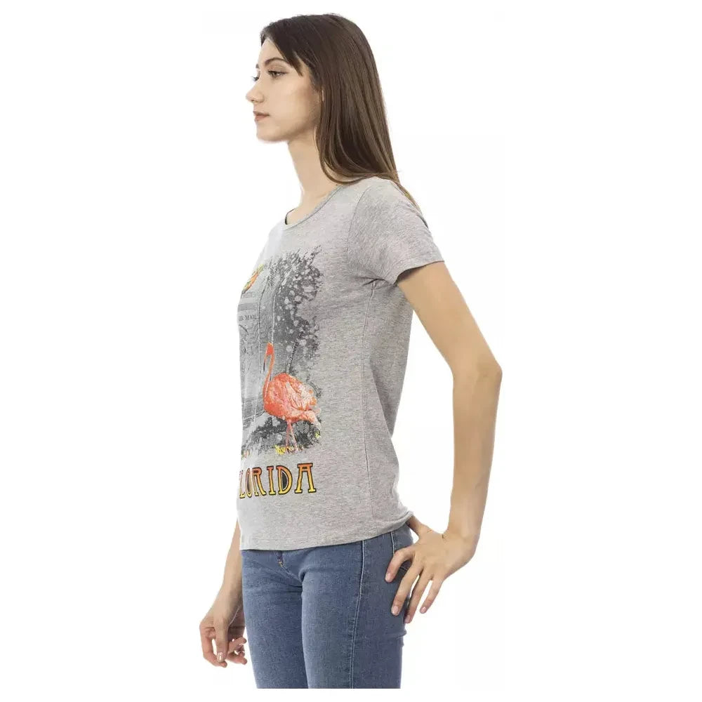 Chic Gray Round Neck Tee with Front Print