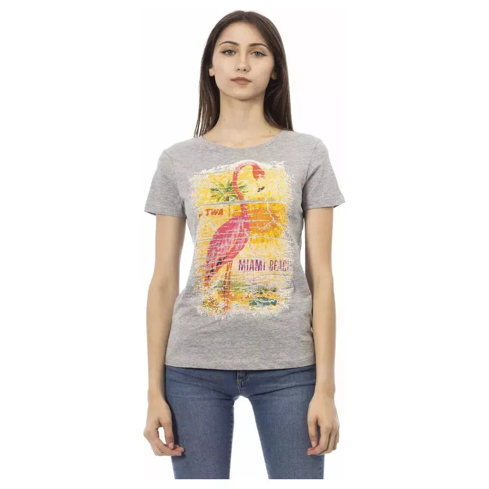 Chic Gray Cotton Blend Tee with Artistic Print