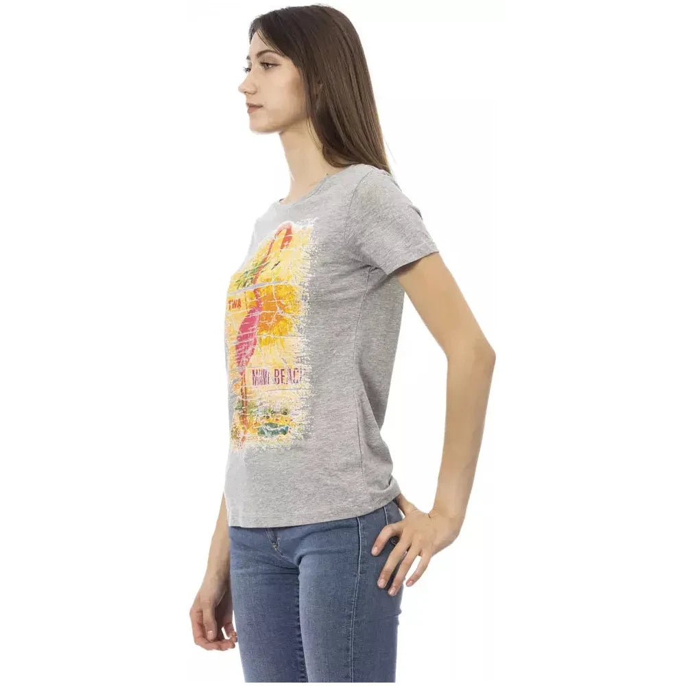 Chic Gray Cotton Blend Tee with Artistic Print