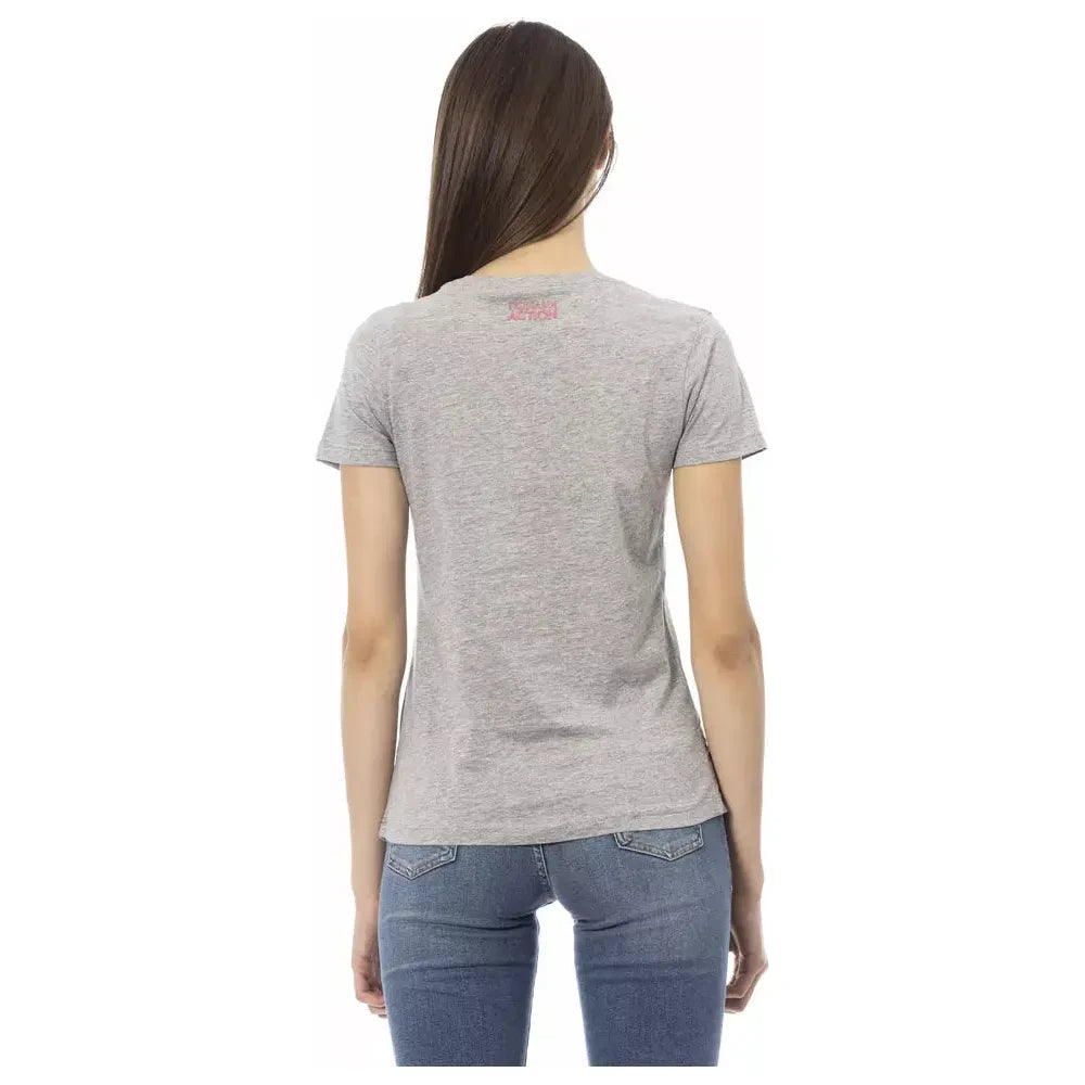 Chic Gray Cotton Blend Tee with Artistic Print