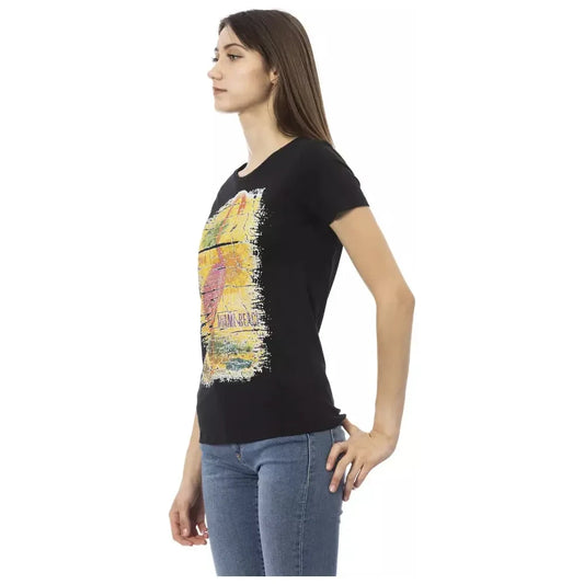 Chic Black Round Neck Tee with Front Print