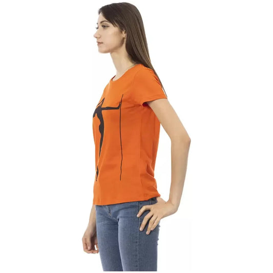 Chic Orange Round Neck Tee with Front Print