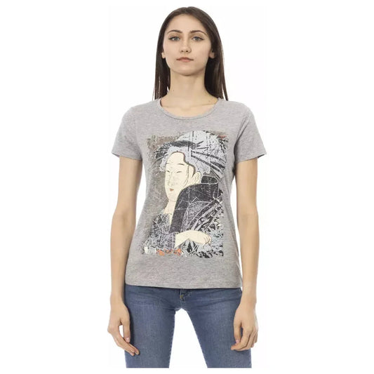 Chic Gray Round Neck Cotton Tee with Print Trussardi Action