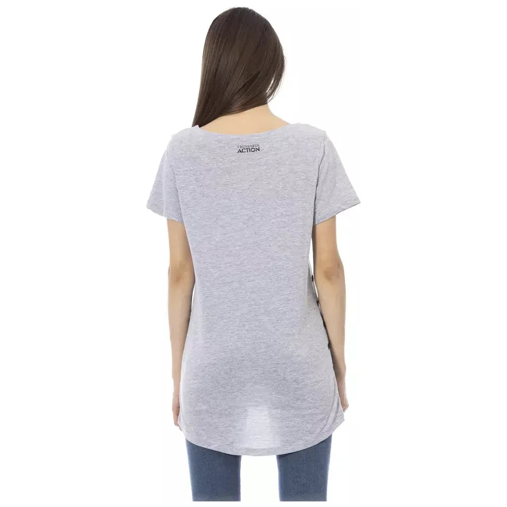 Chic Gray Round Neck Tee with Unique Print