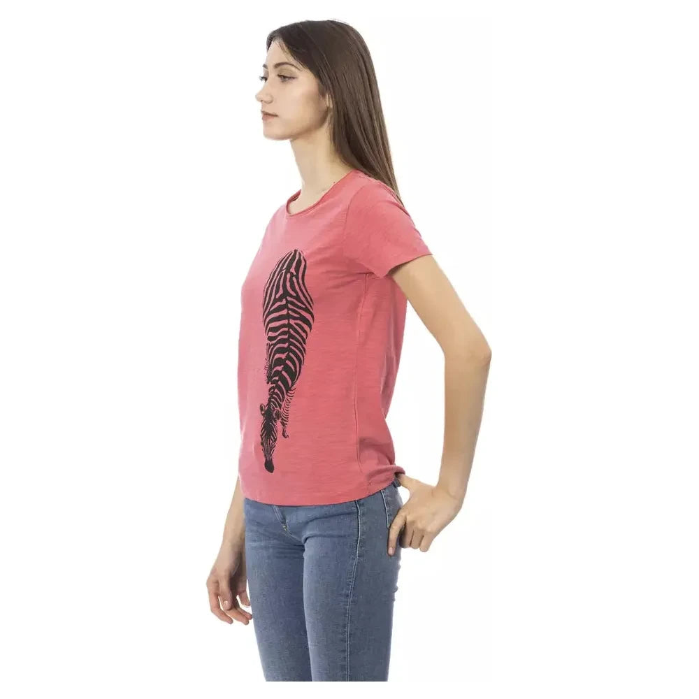 Elegant Pink Round Neck Tee with Chic Front Print