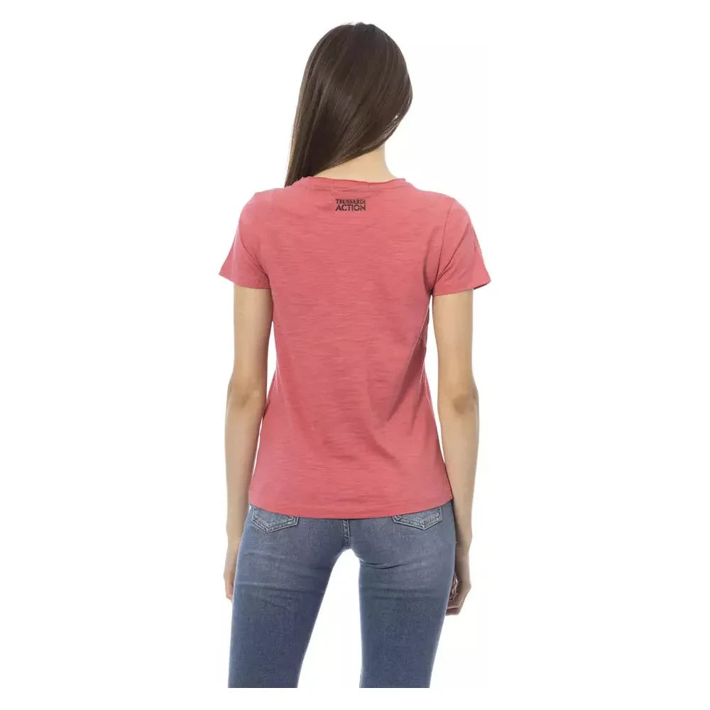 Elegant Pink Round Neck Tee with Chic Front Print