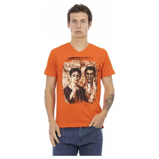 Orange V-Neck Tee with Graphic Charm