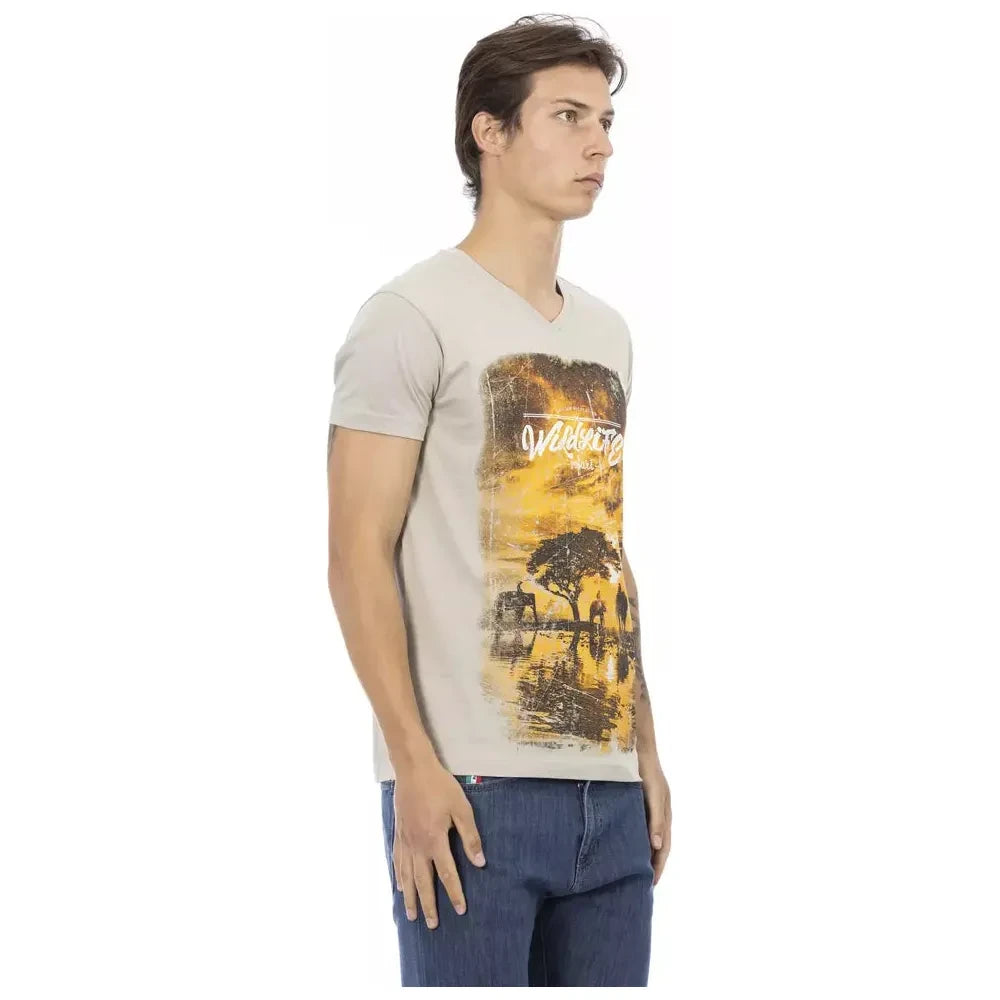 Beige V-Neck Tee with Elegant Front Print