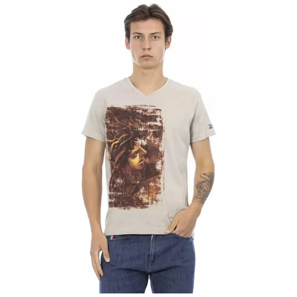 Trussardi Action Beige V-Neck Tee with Chic Front Print Trussardi Action