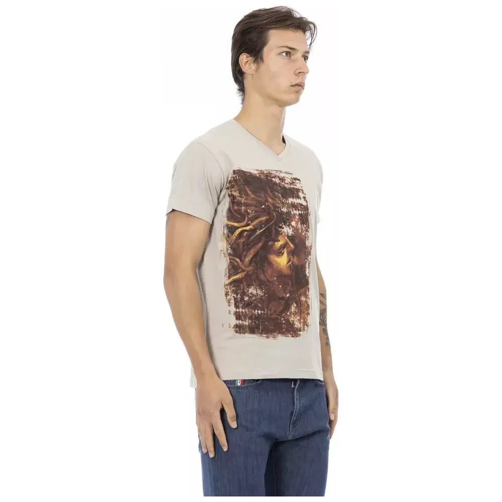 Trussardi Action Beige V-Neck Tee with Chic Front Print Trussardi Action