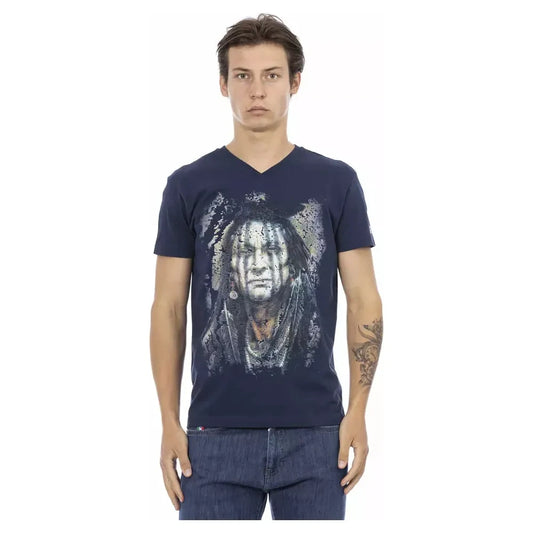 Trussardi Action Chic Blue V-Neck Tee with Bold Front Print Trussardi Action