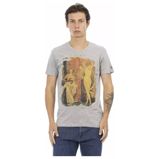 Trussardi Action Elegant Gray V-neck Tee with Front Print Trussardi Action