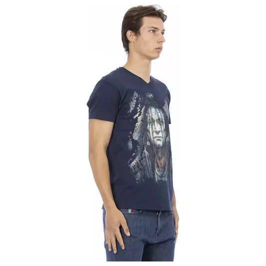 Trussardi Action Chic Blue V-Neck Tee with Bold Front Print Trussardi Action