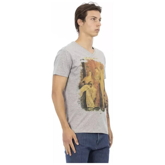 Trussardi Action Elegant Gray V-neck Tee with Front Print Trussardi Action