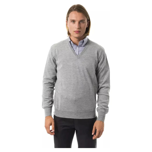 Embroidered Wool V-Neck Sweater - Elegant Gray