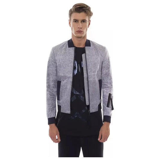 Sleek Gray Bomber Jacket with Emblem Accent