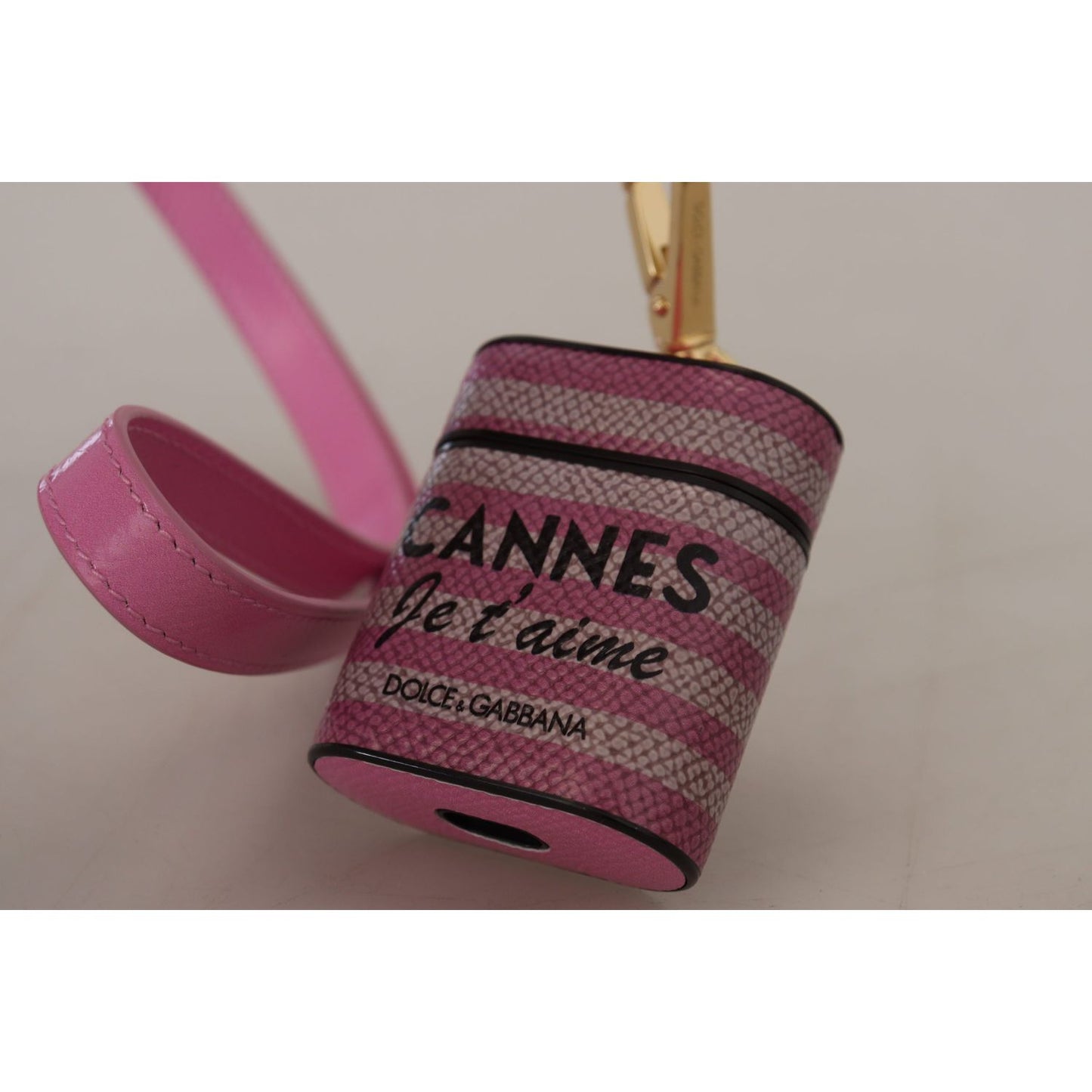 Dolce & Gabbana Pink Black Leather Strap Gold Metal Logo Airpods Case
