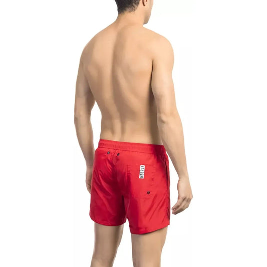 Sleek Red Tape-Trim Swim Shorts