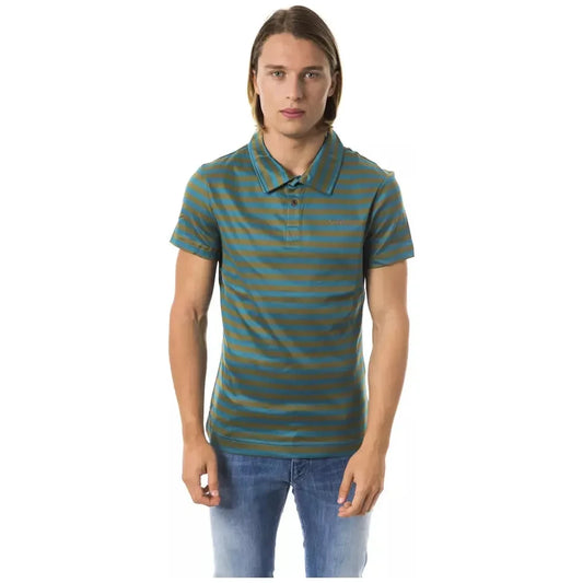 Green Striped Cotton Polo with Chest Embroidery