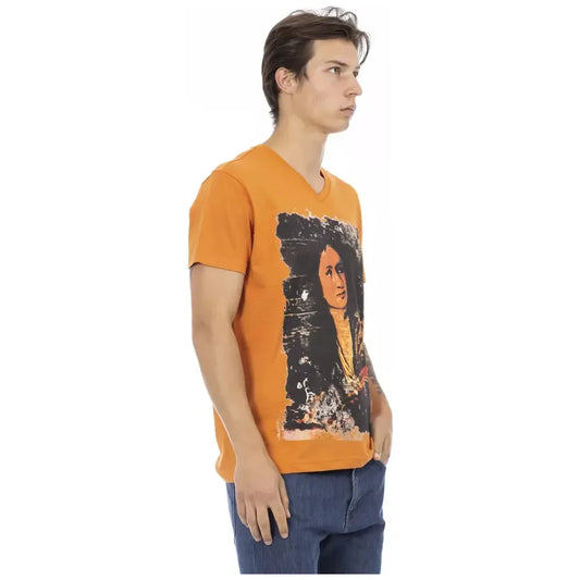 Vibrant Orange V-Neck Tee with Sleek Print