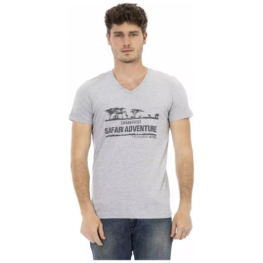 Trussardi Action Chic V-Neck Tee with Front Print in Gray Trussardi Action