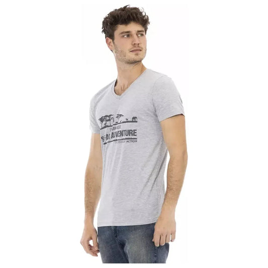 Trussardi Action Chic V-Neck Tee with Front Print in Gray Trussardi Action