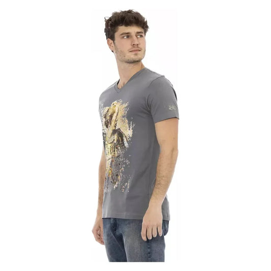 Trussardi Action Chic V-Neck Gray Tee with Striking Front Print Trussardi Action