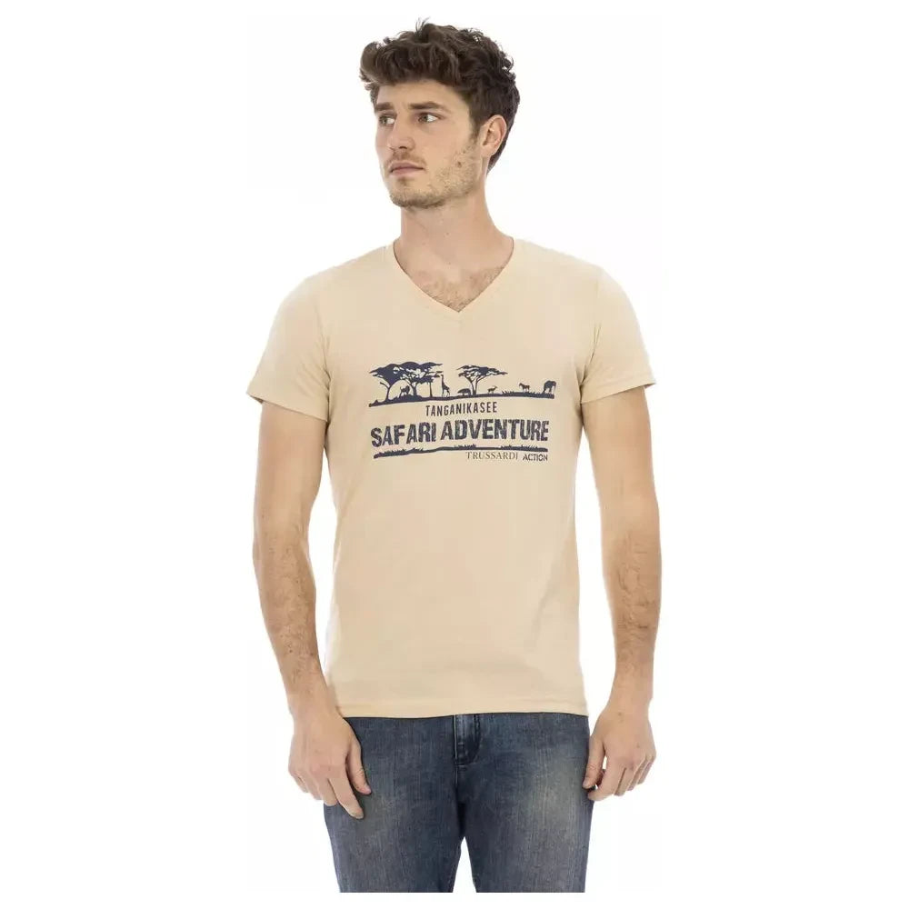 Beige V-Neck Tee with Elegant Front Print