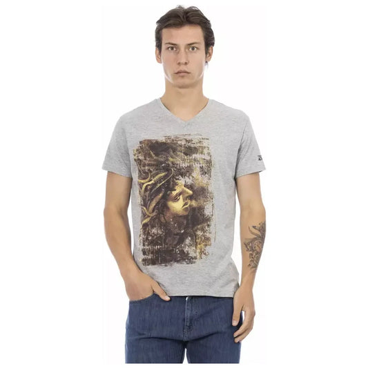 Trussardi Action Chic Gray V-Neck Tee with Stylish Front Print Trussardi Action