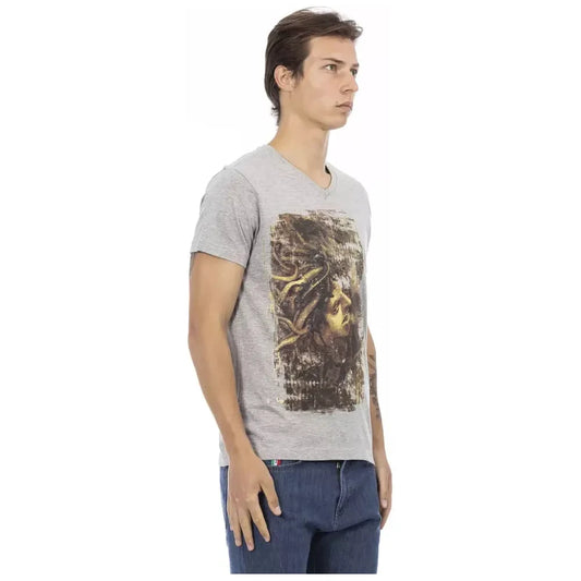 Trussardi Action Chic Gray V-Neck Tee with Stylish Front Print Trussardi Action