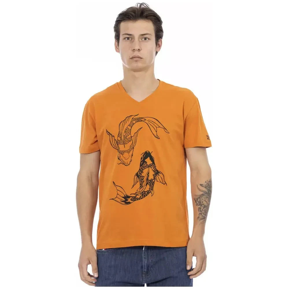 Vibrant Orange V-Neck Tee with Elegant Print