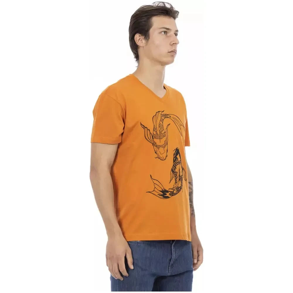 Vibrant Orange V-Neck Tee with Elegant Print