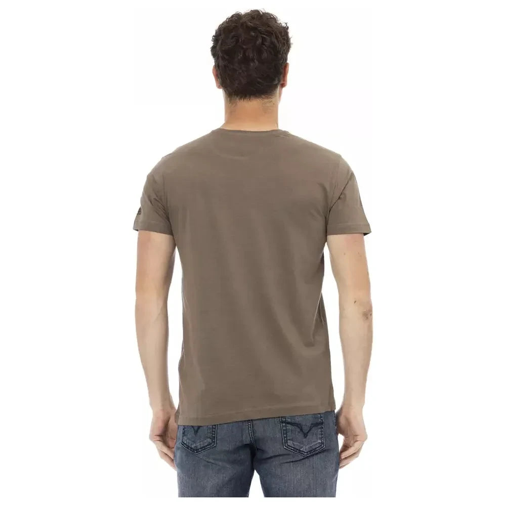 Elegant Short Sleeve Brown Tee with Unique Print