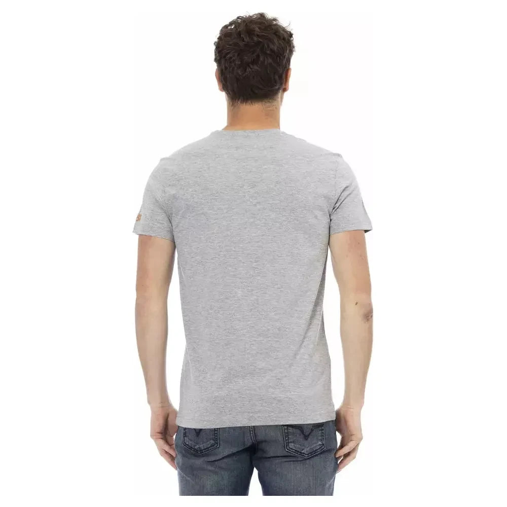 Chic Gray Cotton-Blend Tee with Artistic Front Print