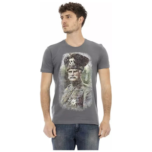 Trussardi Action Elegant Gray Round Neck Tee with Front Print Trussardi Action