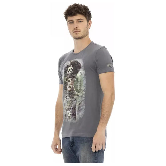 Elegant Gray Round Neck Tee with Front Print