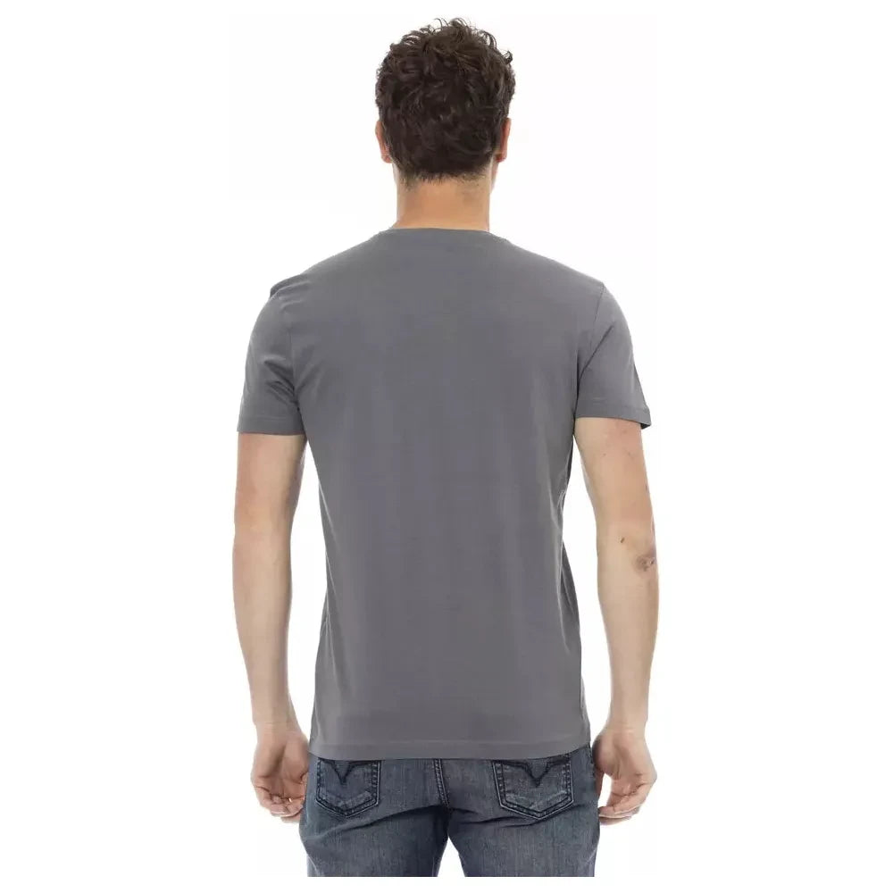 Elegant Gray Round Neck Tee with Front Print