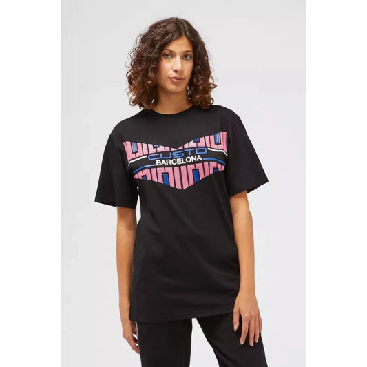 Chic Black Cotton Tee with Artistic Print