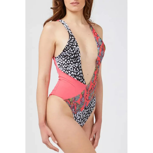 Fuchsia Patterned Swimsuit with Chic Neckline