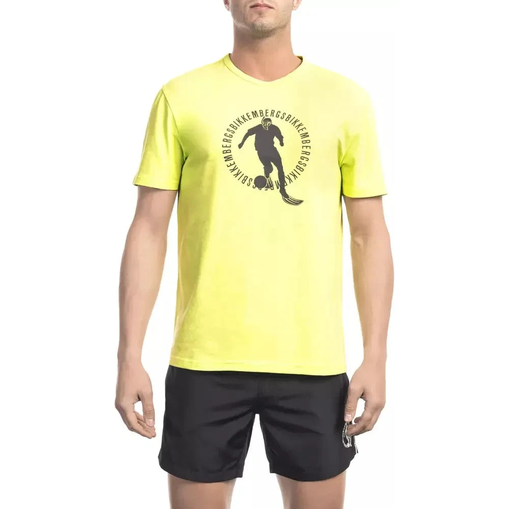 Bikkembergs Radiant Yellow Cotton Blend Printed T-Shirt Bikkembergs