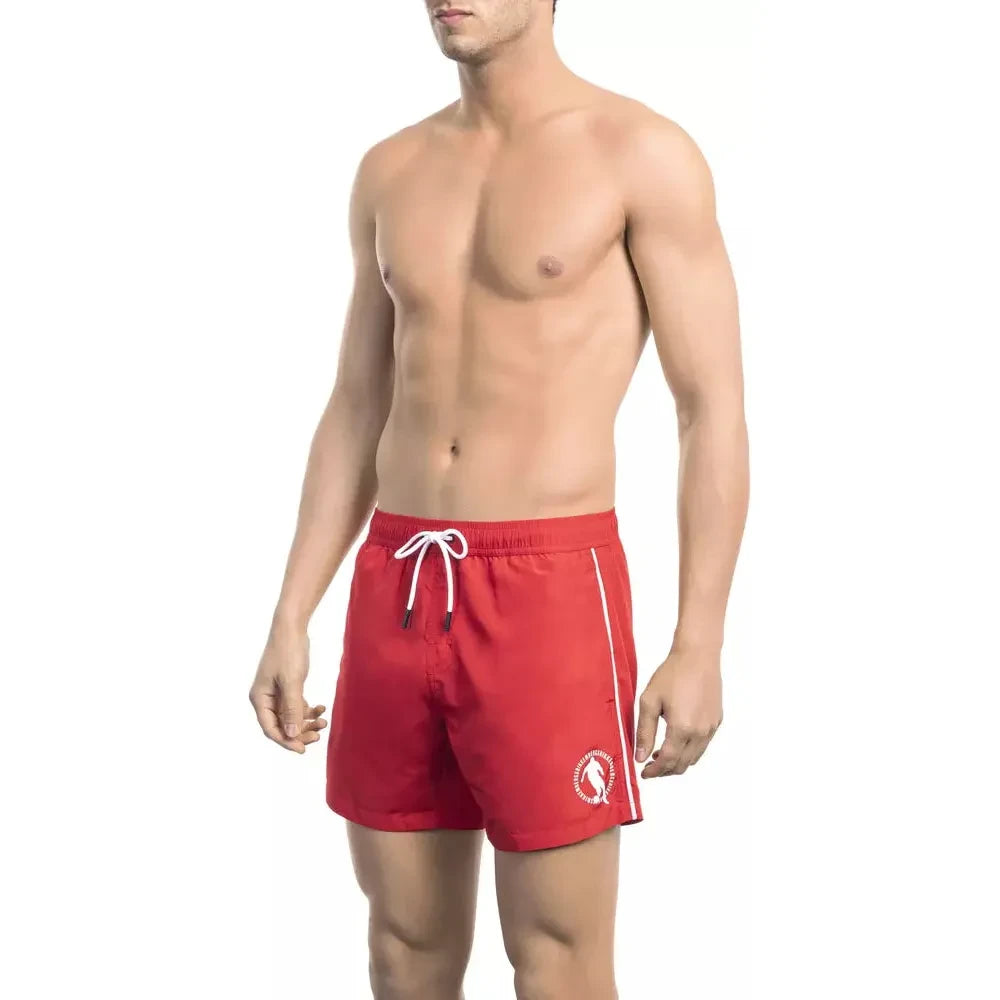 Sleek Red Swim Shorts with Dynamic Front Print