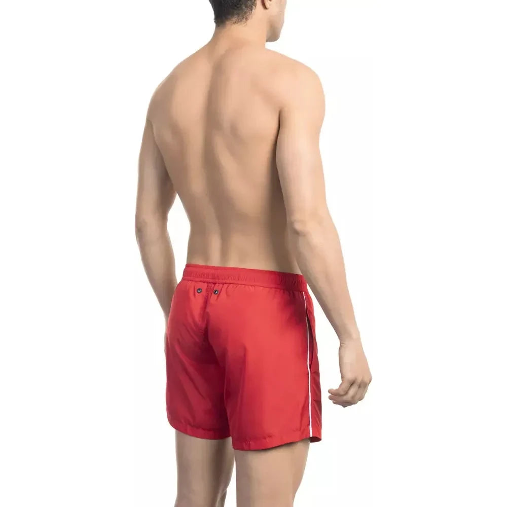 Sleek Red Swim Shorts with Dynamic Front Print