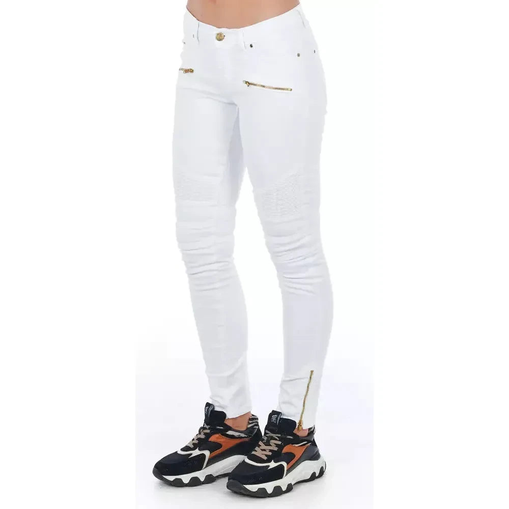 Chic Biker-Inspired White Stretch Denim Jeans