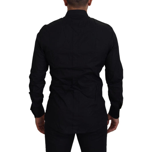 Elegant Black Slim Fit Dress Shirt with Crown Embroidery