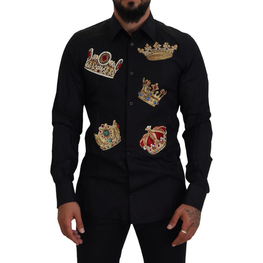 Elegant Black Slim Fit Dress Shirt with Crown Embroidery