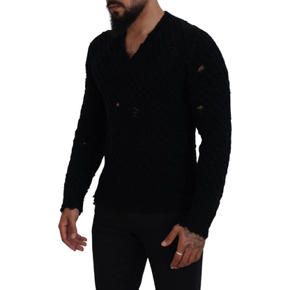 Dolce & Gabbana Black Wool V-neck Knitted Pullover Sweater
