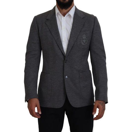 Elegant Gray Wool Blazer with Bee Crown Embroidery