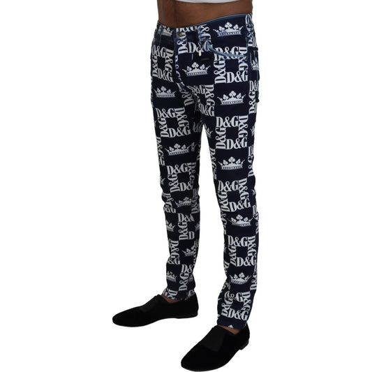 Elegant Crown Print Denim Pants