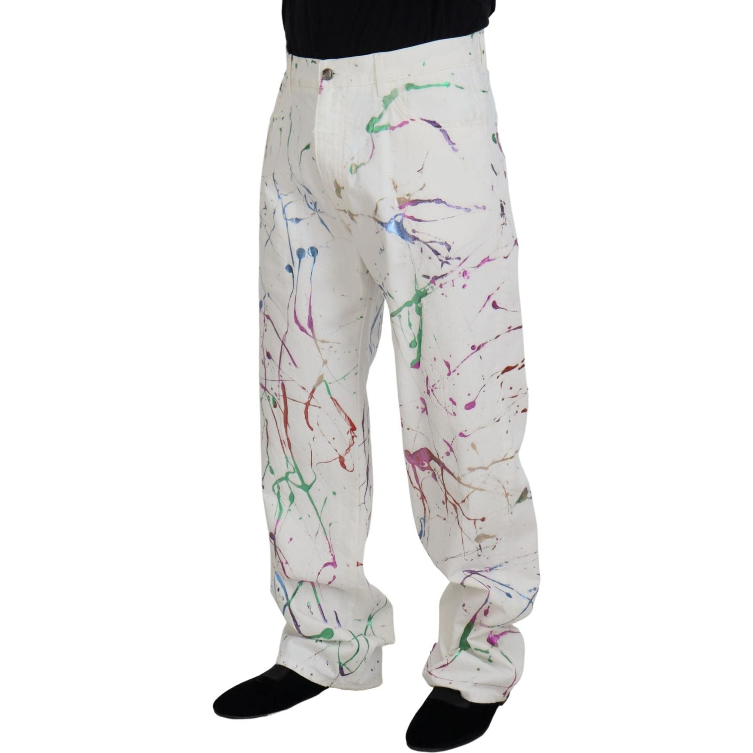 Dolce & Gabbana White Cotton Color Splash Print Denim Pants