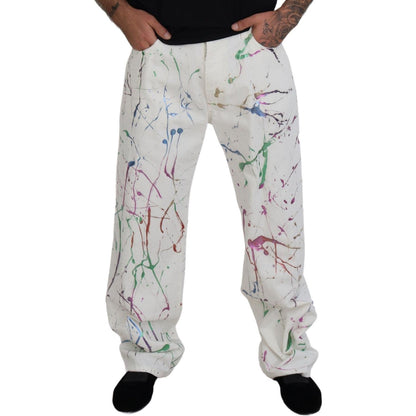 Dolce & Gabbana White Cotton Color Splash Print Denim Pants